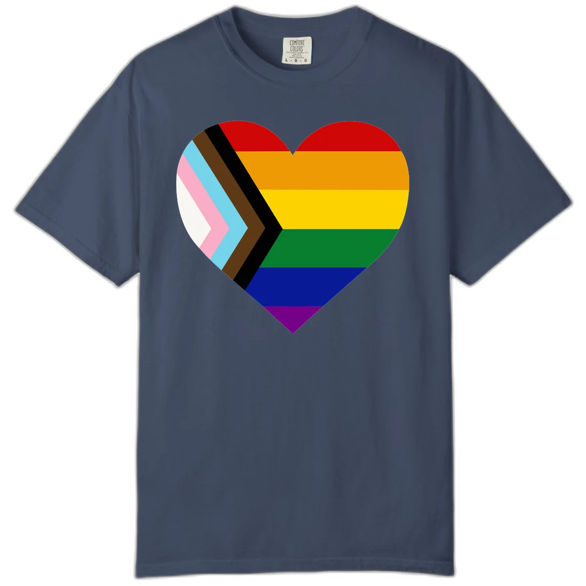 Heart-shaped design combining progress pride flag chevron on left with rainbow pride flag stripes on right side in Midnight