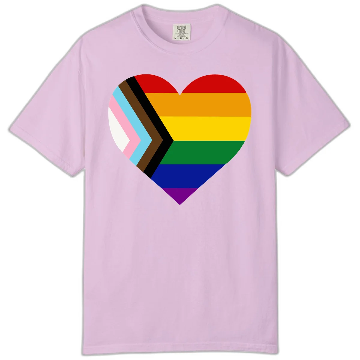 Heart-shaped design combining progress pride flag chevron on left with rainbow pride flag stripes on right side in Orchid
