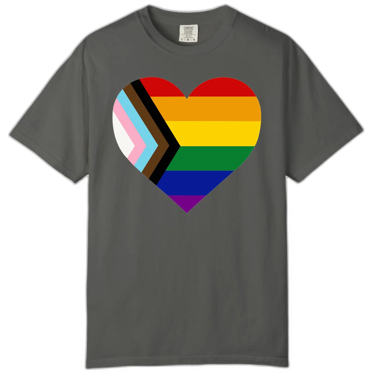 Heart-shaped design combining progress pride flag chevron on left with rainbow pride flag stripes on right side in Pepper