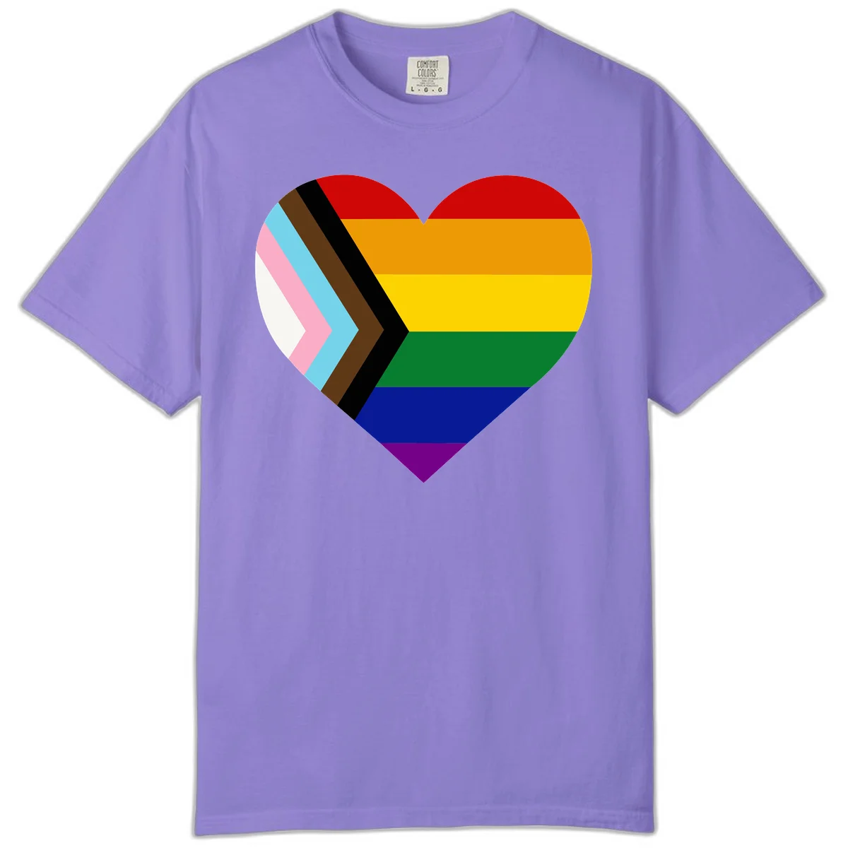 Heart-shaped design combining progress pride flag chevron on left with rainbow pride flag stripes on right side in Violet