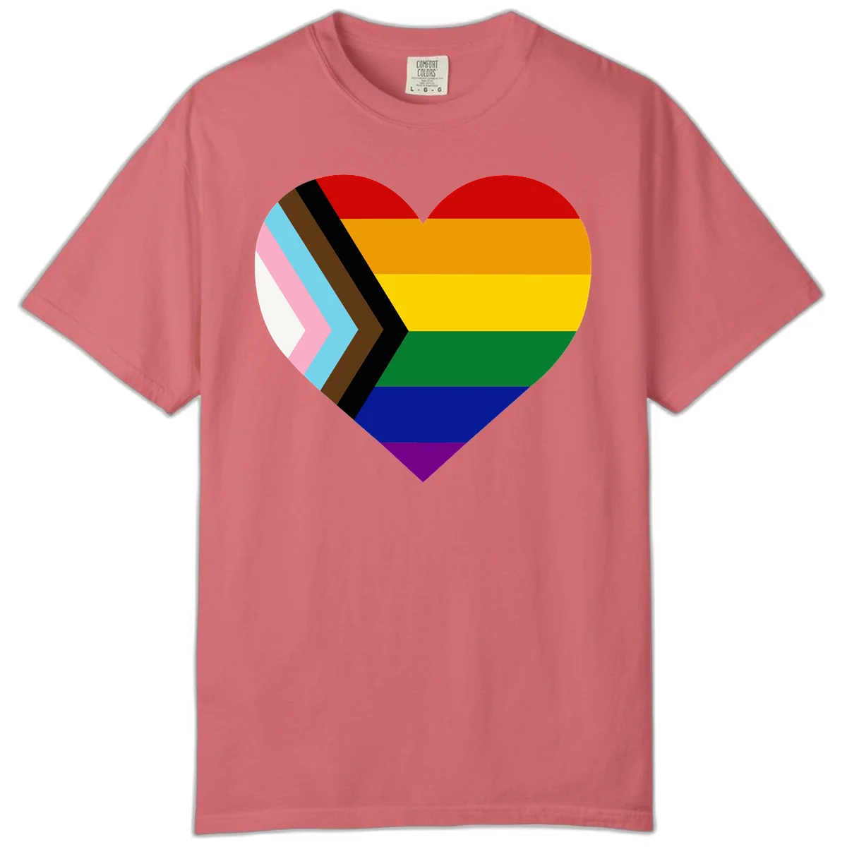Heart-shaped design combining progress pride flag chevron on left with rainbow pride flag stripes on right side in Watermelon