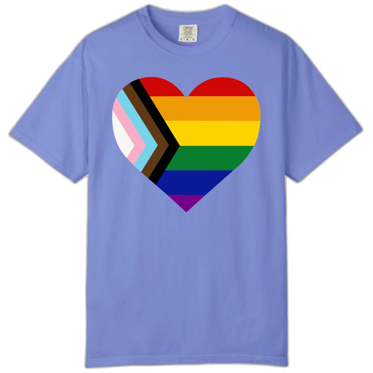 Heart-shaped design combining progress pride flag chevron on left with rainbow pride flag stripes on right side in Flo Blue