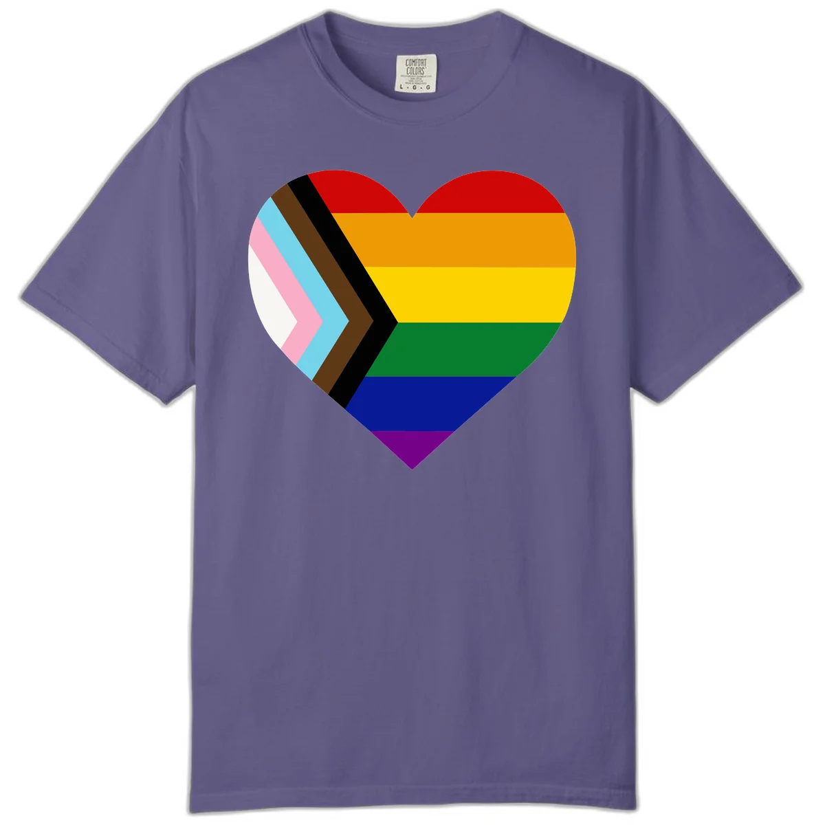 Heart-shaped design combining progress pride flag chevron on left with rainbow pride flag stripes on right side in Grape