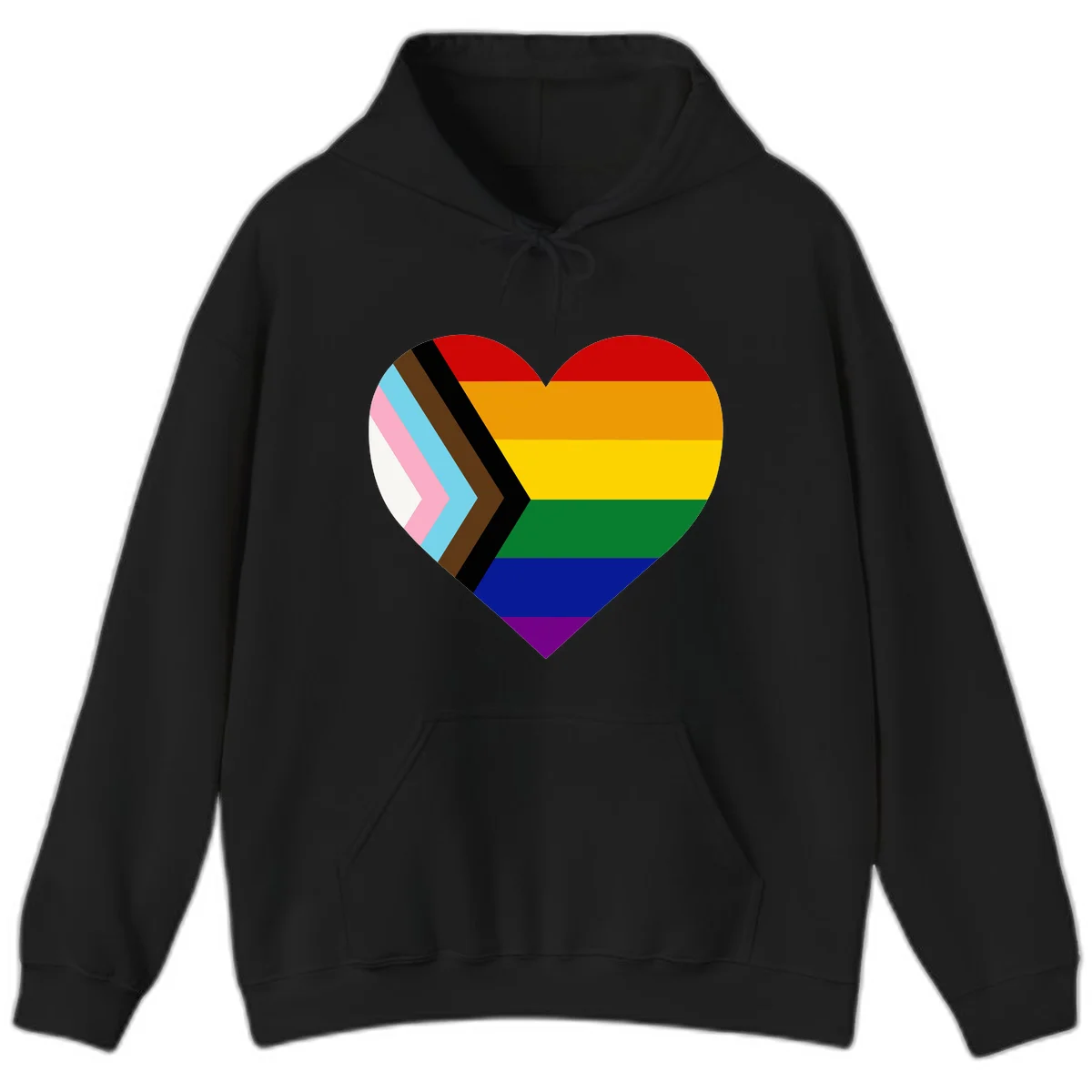 Heart-shaped design combining progress pride flag chevron on left with rainbow pride flag stripes on right side in Black