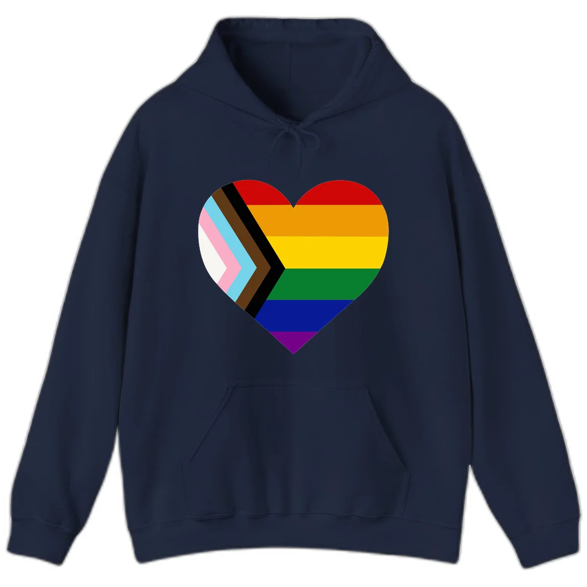 Heart-shaped design combining progress pride flag chevron on left with rainbow pride flag stripes on right side in Navy