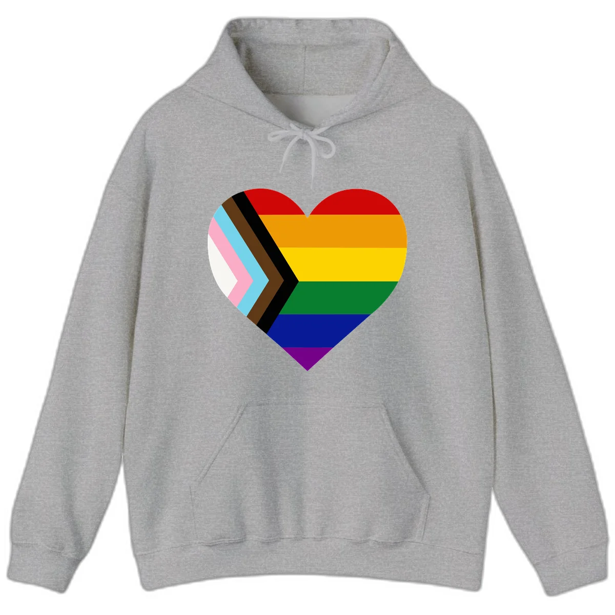 Heart-shaped design combining progress pride flag chevron on left with rainbow pride flag stripes on right side in Sport Grey