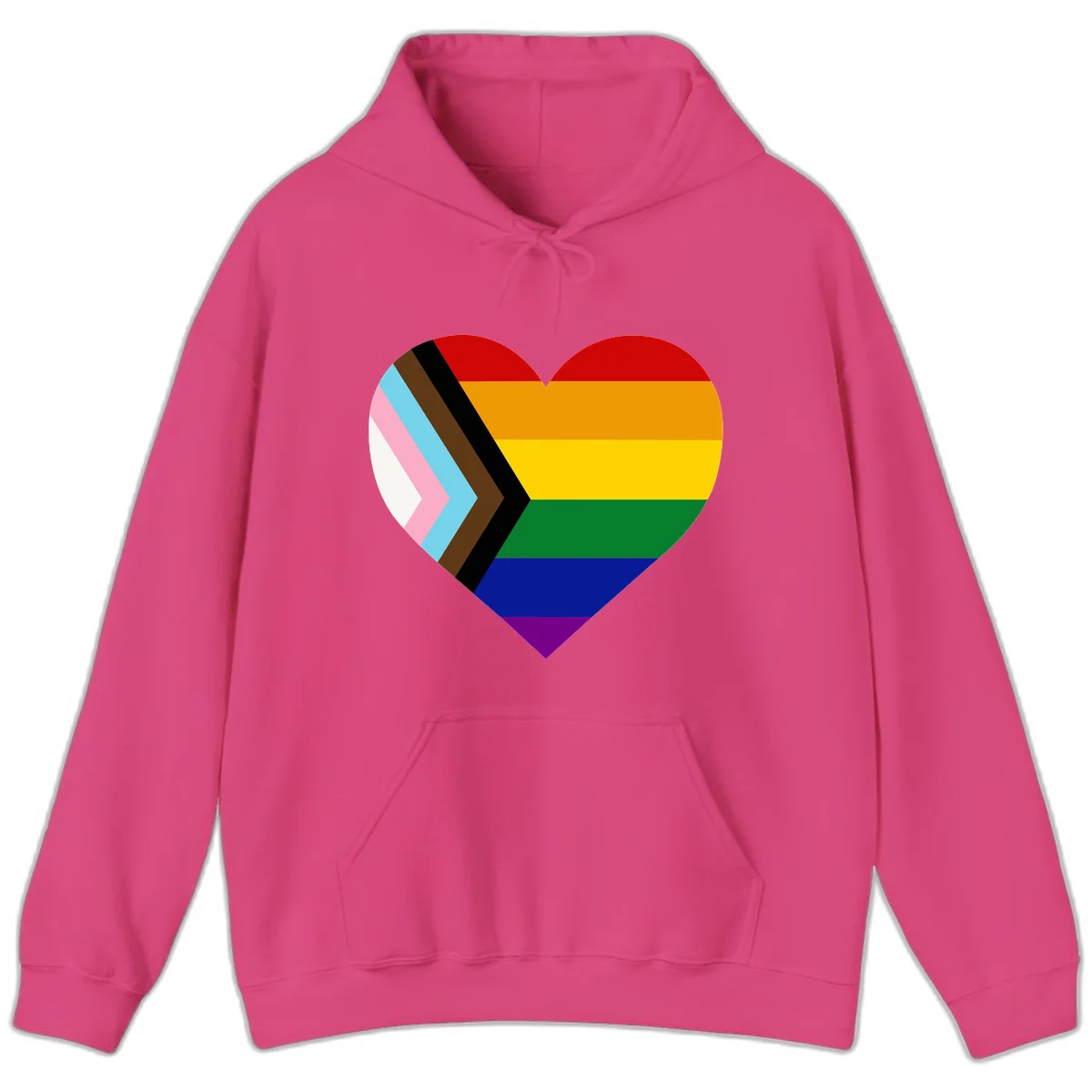 Heart-shaped design combining progress pride flag chevron on left with rainbow pride flag stripes on right side in Heliconia