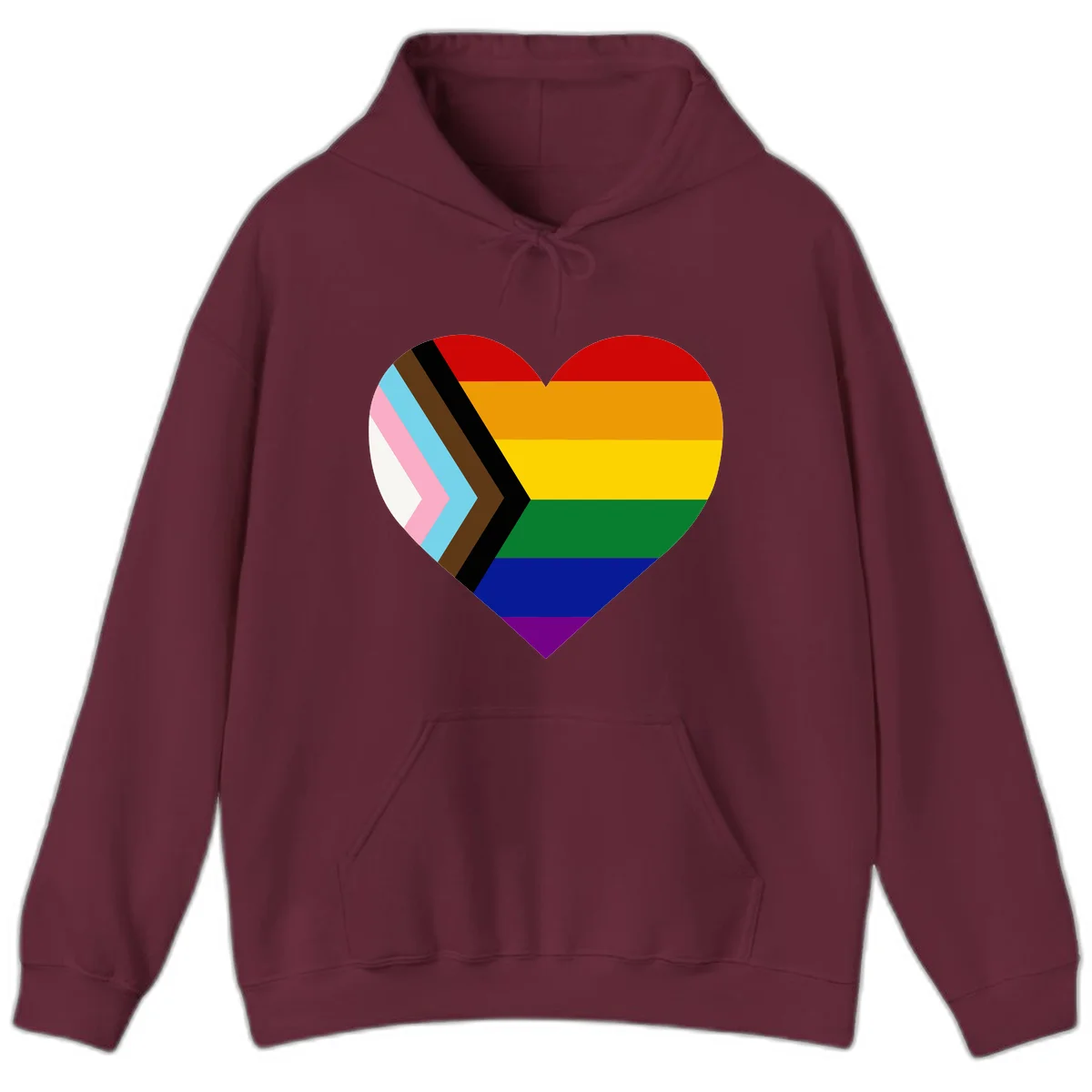 Heart-shaped design combining progress pride flag chevron on left with rainbow pride flag stripes on right side in Maroon