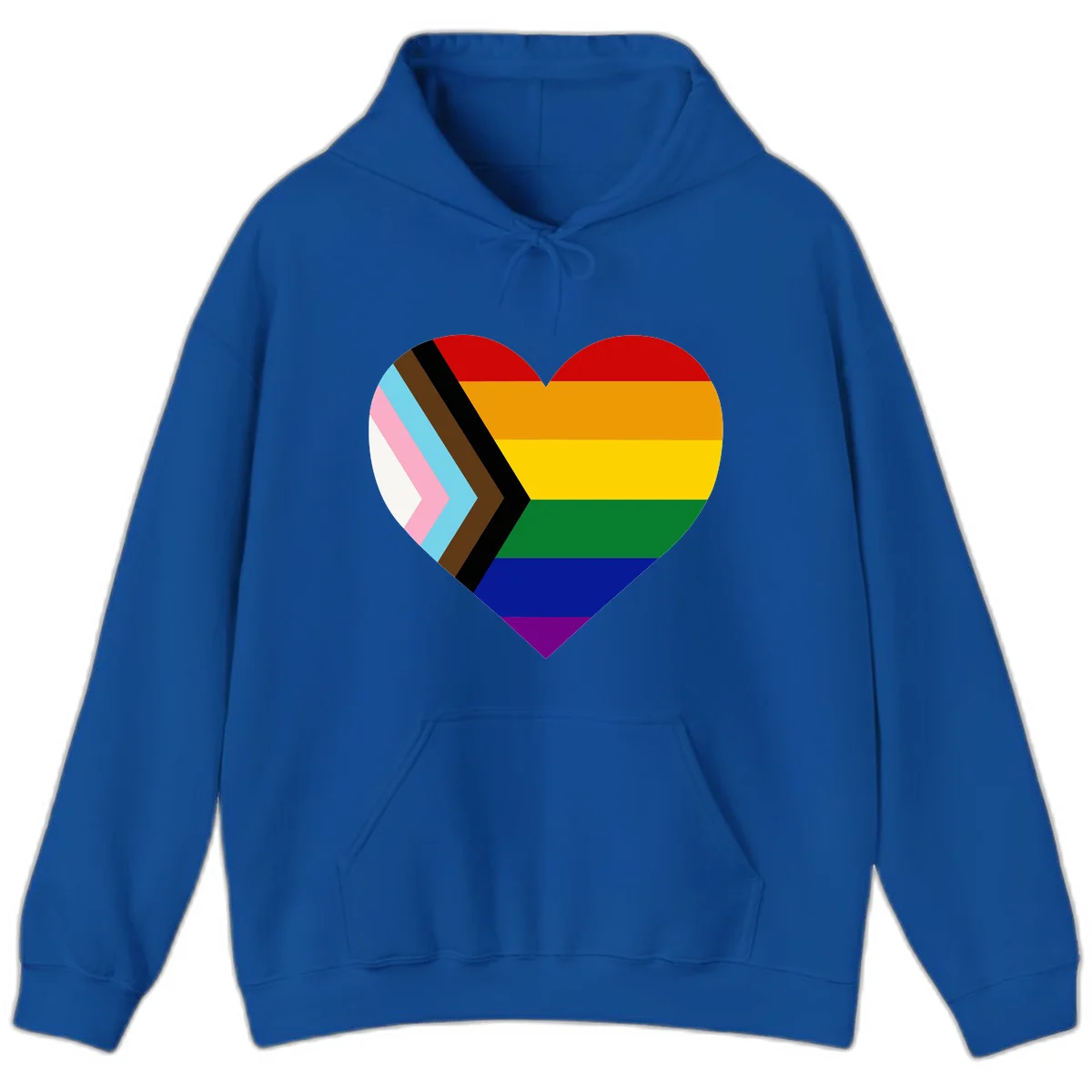 Heart-shaped design combining progress pride flag chevron on left with rainbow pride flag stripes on right side in Royal