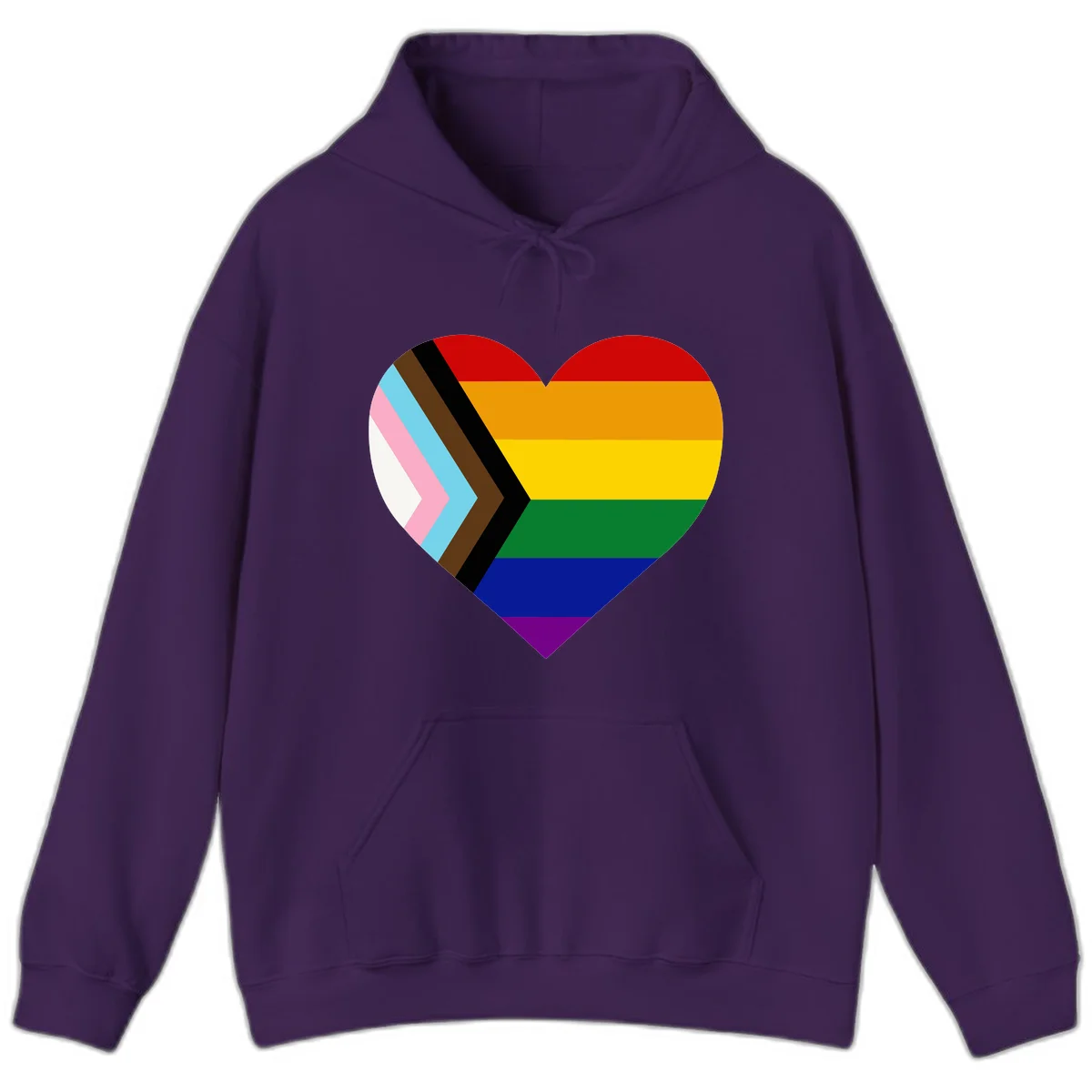 Heart-shaped design combining progress pride flag chevron on left with rainbow pride flag stripes on right side in Purple