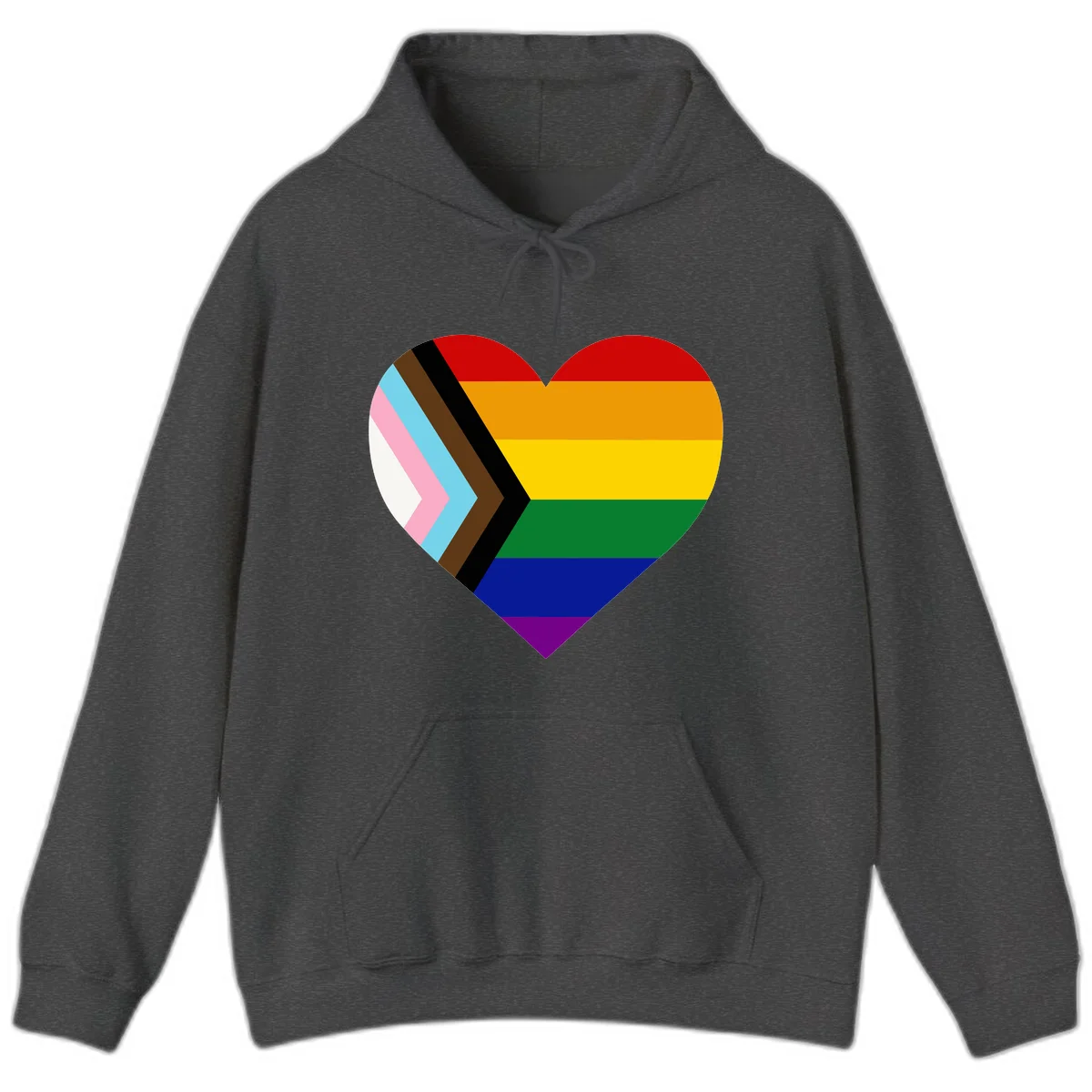 Heart-shaped design combining progress pride flag chevron on left with rainbow pride flag stripes on right side in Dark Heather