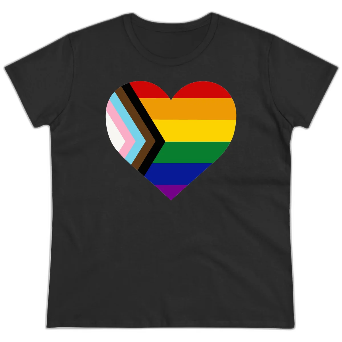 Heart-shaped design combining progress pride flag chevron on left with rainbow pride flag stripes on right side in Black