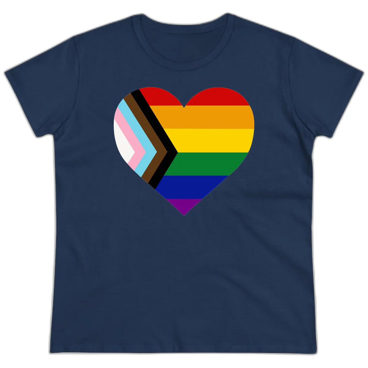 Heart-shaped design combining progress pride flag chevron on left with rainbow pride flag stripes on right side in Navy