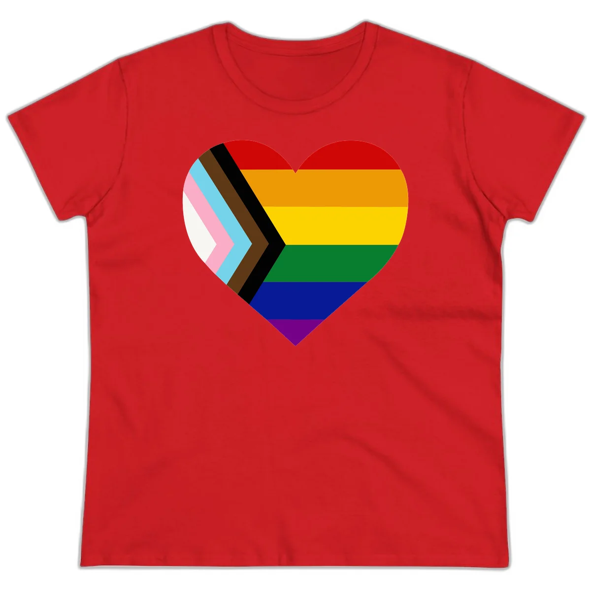 Heart-shaped design combining progress pride flag chevron on left with rainbow pride flag stripes on right side in Red