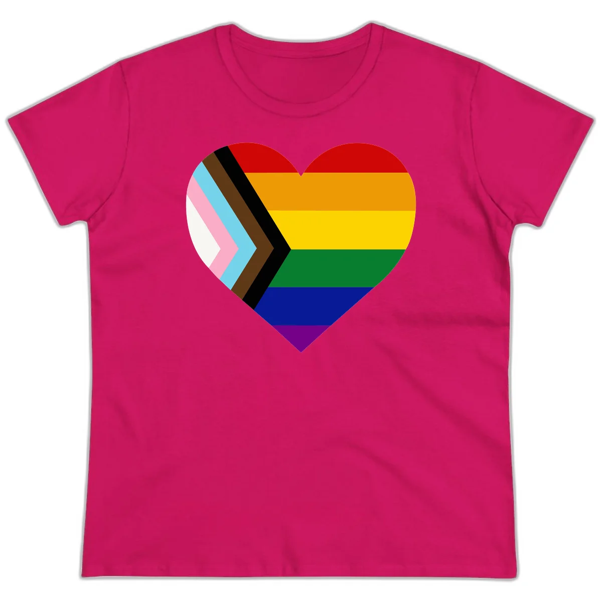 Heart-shaped design combining progress pride flag chevron on left with rainbow pride flag stripes on right side in Heliconia
