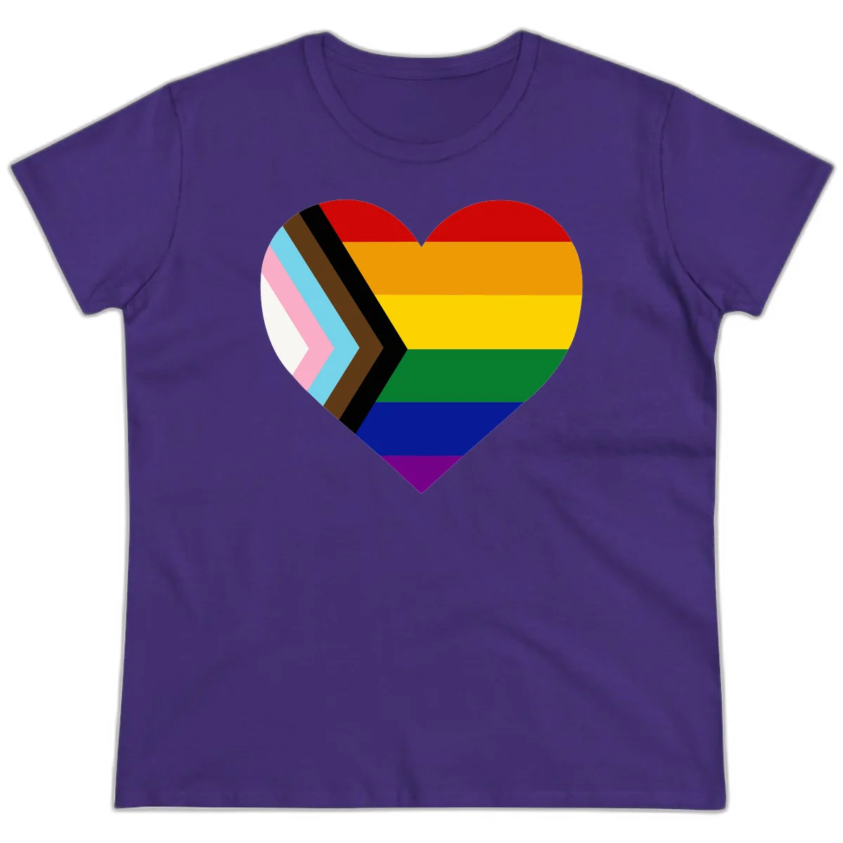 Heart-shaped design combining progress pride flag chevron on left with rainbow pride flag stripes on right side in Purple