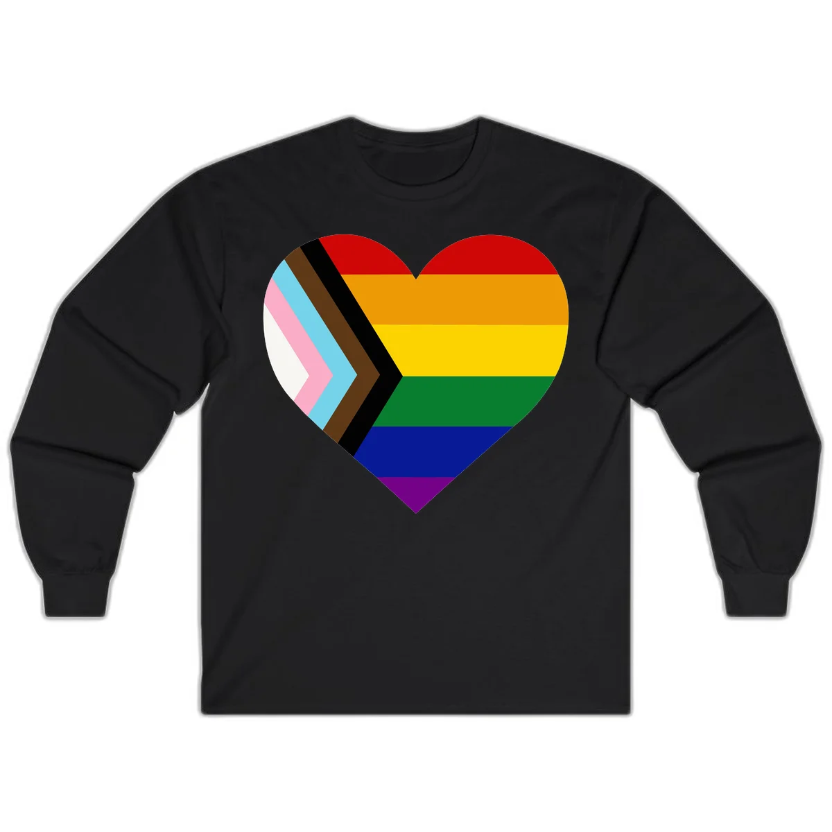 Heart-shaped design combining progress pride flag chevron on left with rainbow pride flag stripes on right side in Black