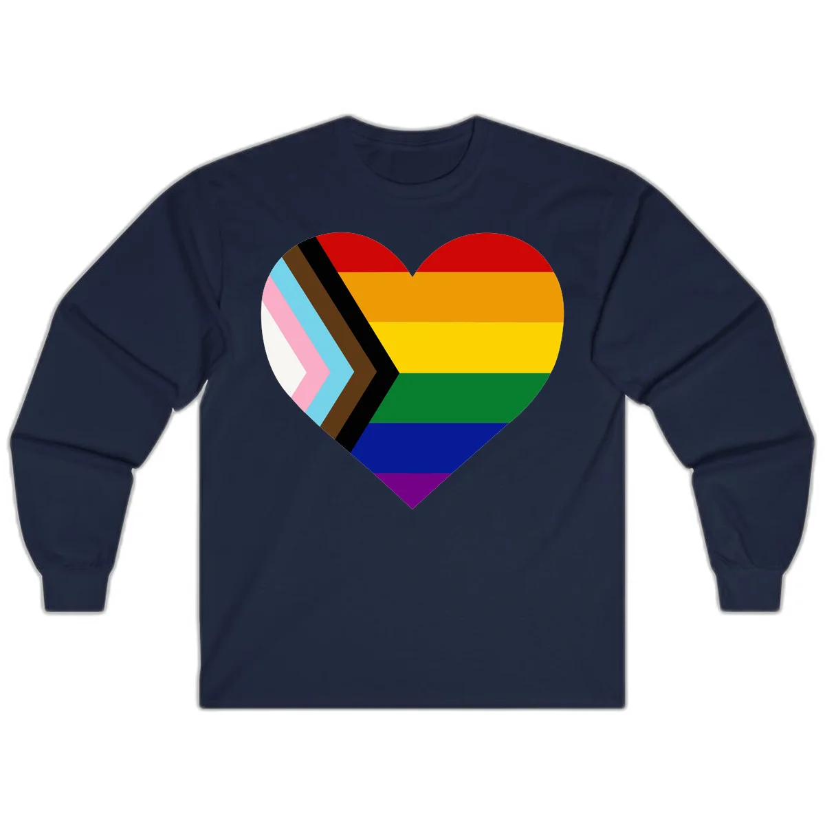 Heart-shaped design combining progress pride flag chevron on left with rainbow pride flag stripes on right side in Navy