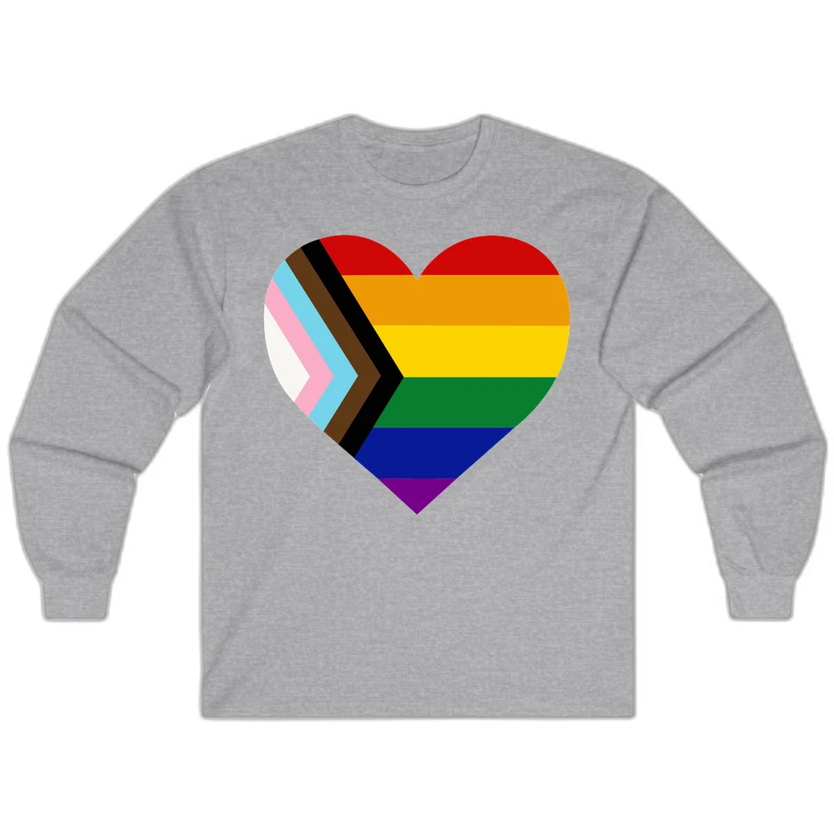 Heart-shaped design combining progress pride flag chevron on left with rainbow pride flag stripes on right side in Sport Grey