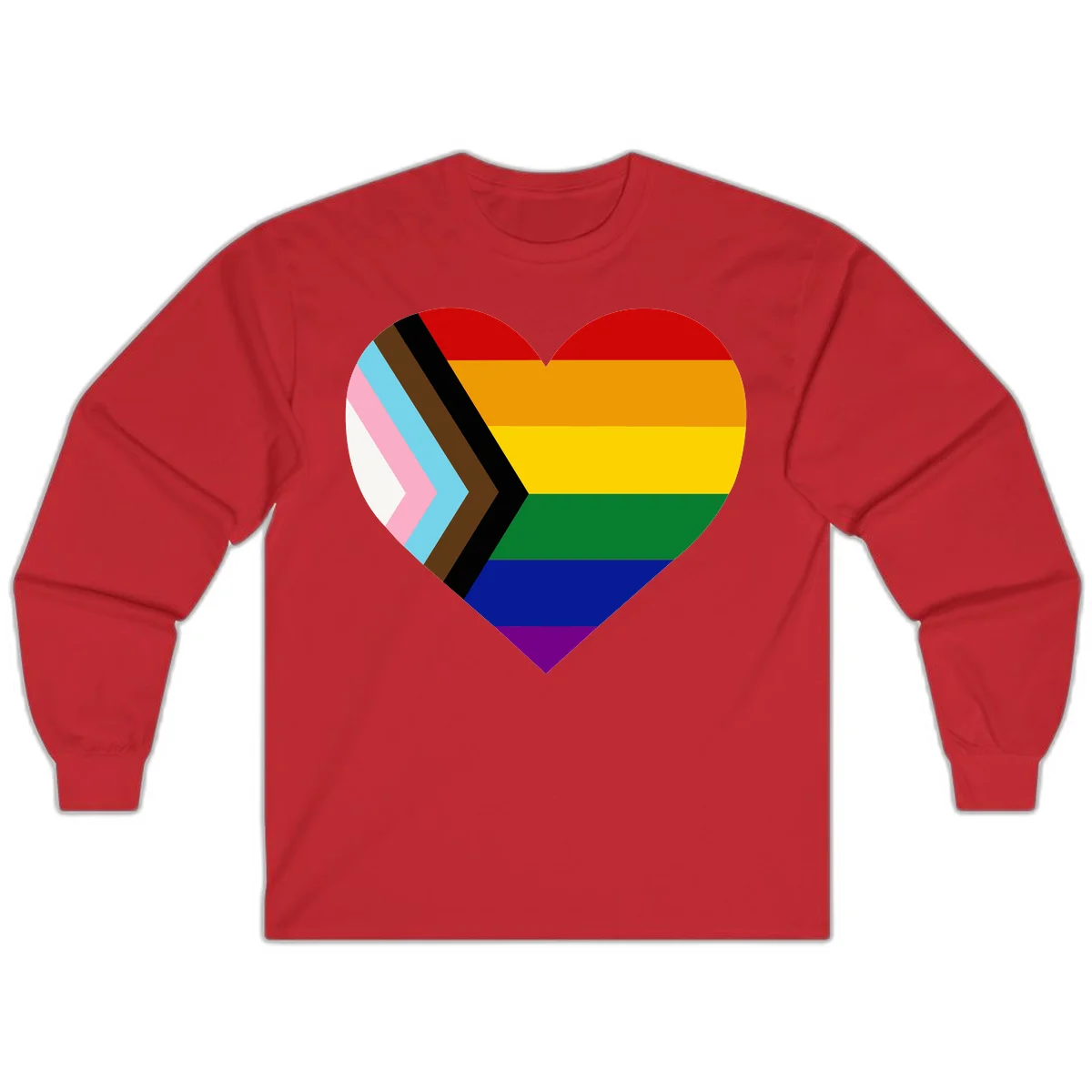 Heart-shaped design combining progress pride flag chevron on left with rainbow pride flag stripes on right side in Red