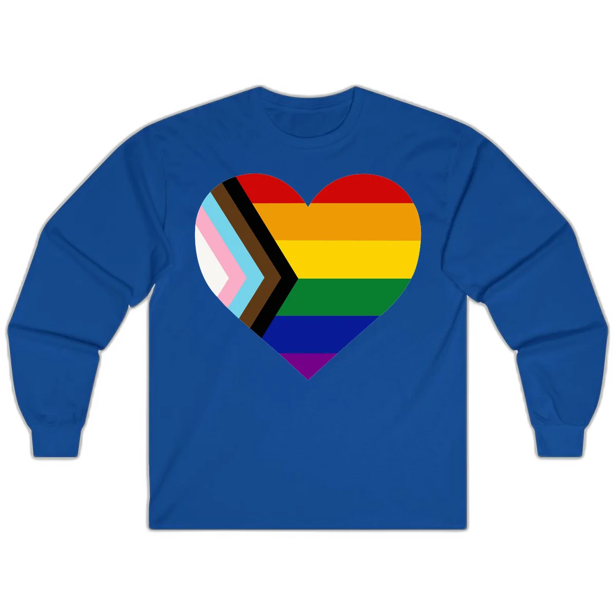 Heart-shaped design combining progress pride flag chevron on left with rainbow pride flag stripes on right side in Royal