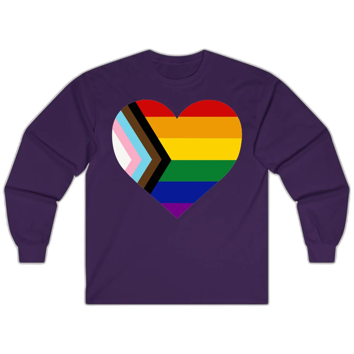 Heart-shaped design combining progress pride flag chevron on left with rainbow pride flag stripes on right side in Purple