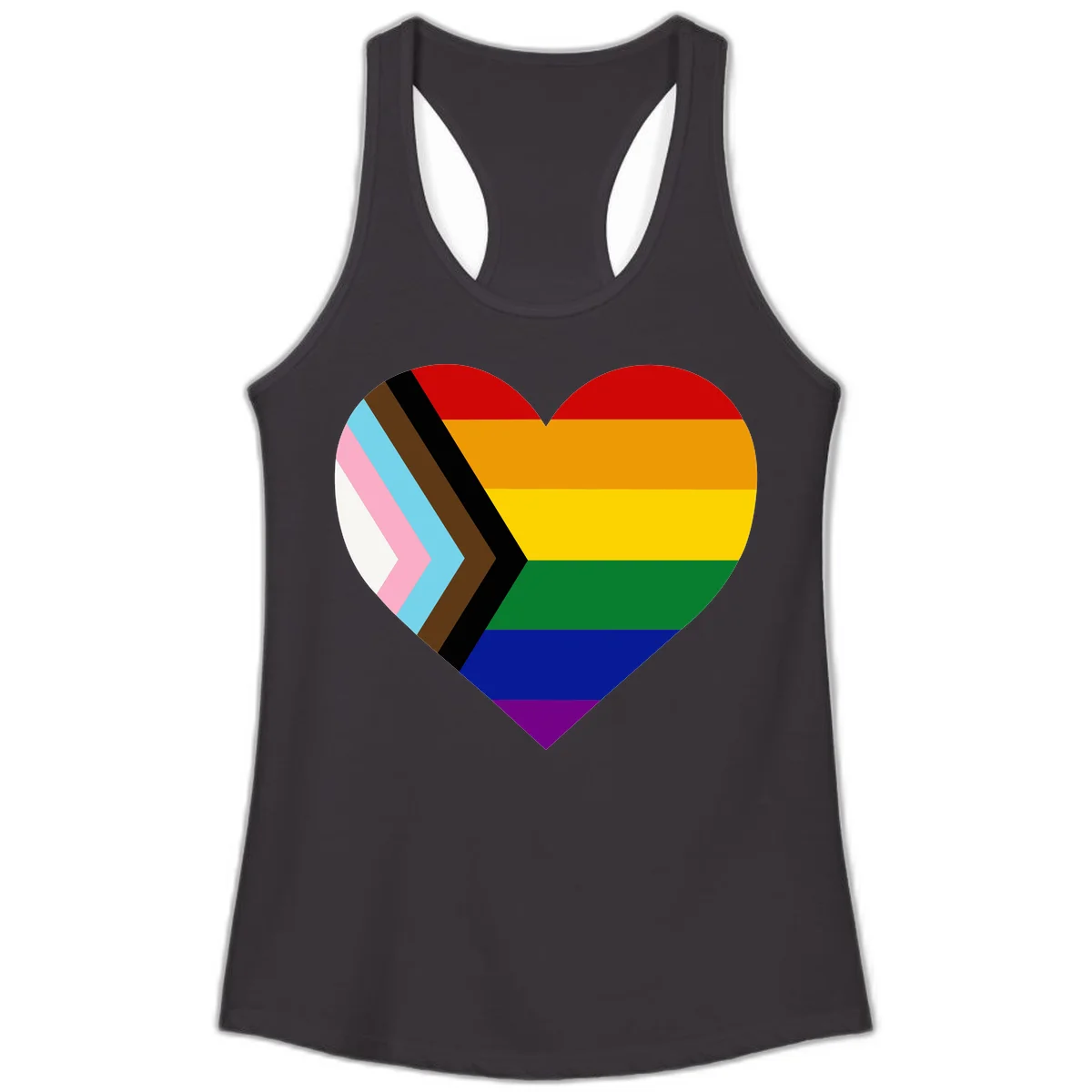 Heart-shaped design combining progress pride flag chevron on left with rainbow pride flag stripes on right side in Black