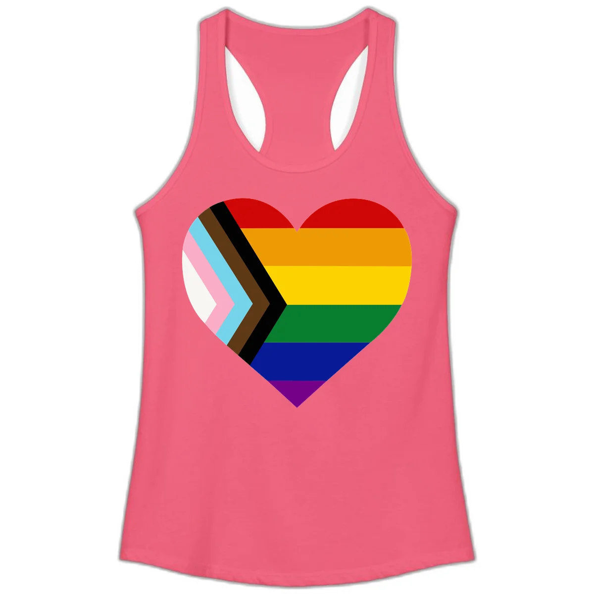 Heart-shaped design combining progress pride flag chevron on left with rainbow pride flag stripes on right side in Hot Pink