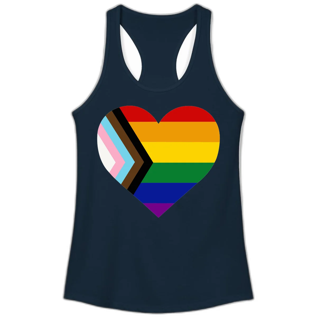 Heart-shaped design combining progress pride flag chevron on left with rainbow pride flag stripes on right side in Solid Midnight Navy