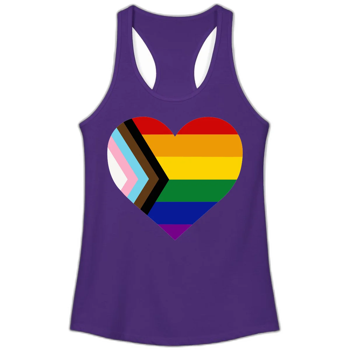 Heart-shaped design combining progress pride flag chevron on left with rainbow pride flag stripes on right side in Solid Purple Rush