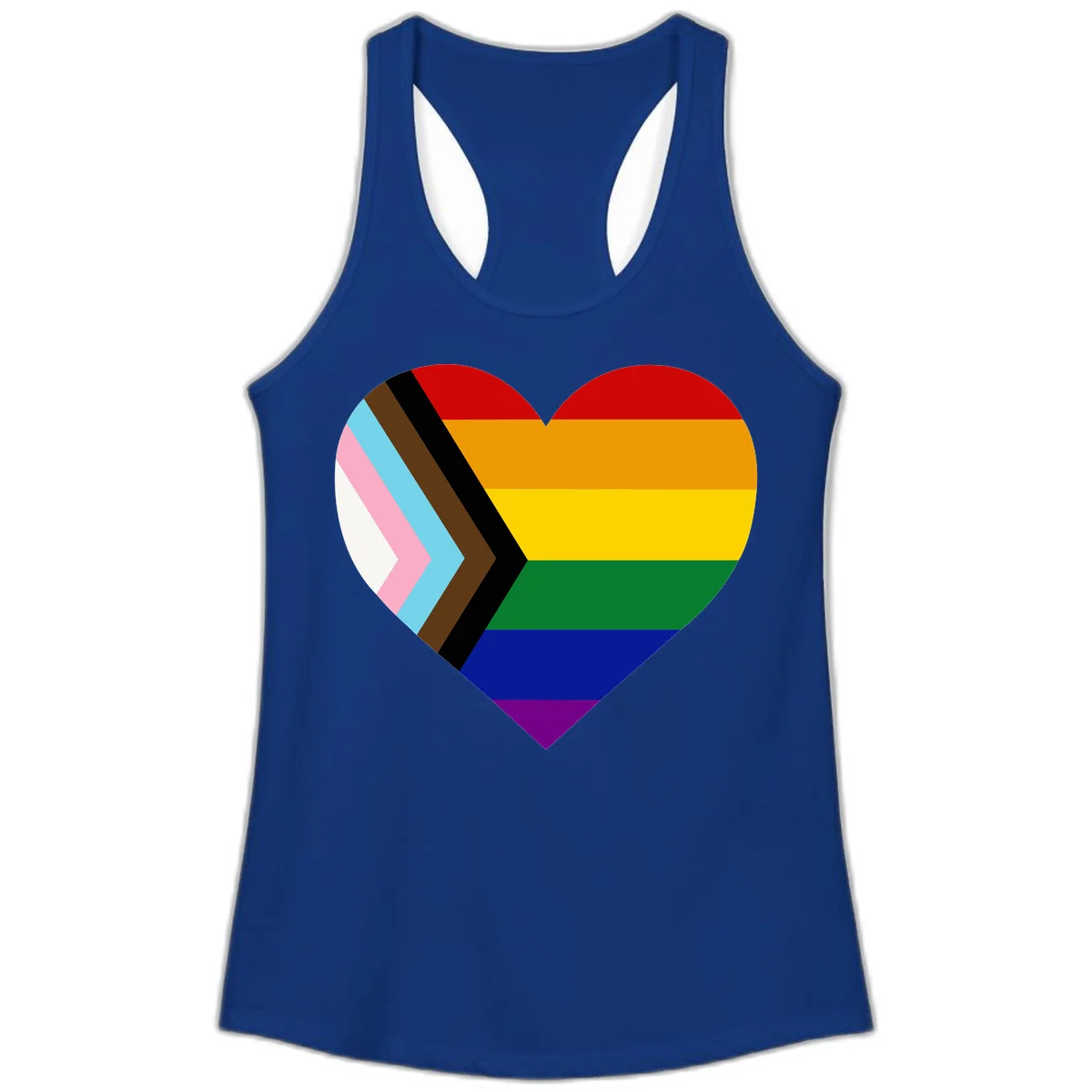 Heart-shaped design combining progress pride flag chevron on left with rainbow pride flag stripes on right side in Solid Royal