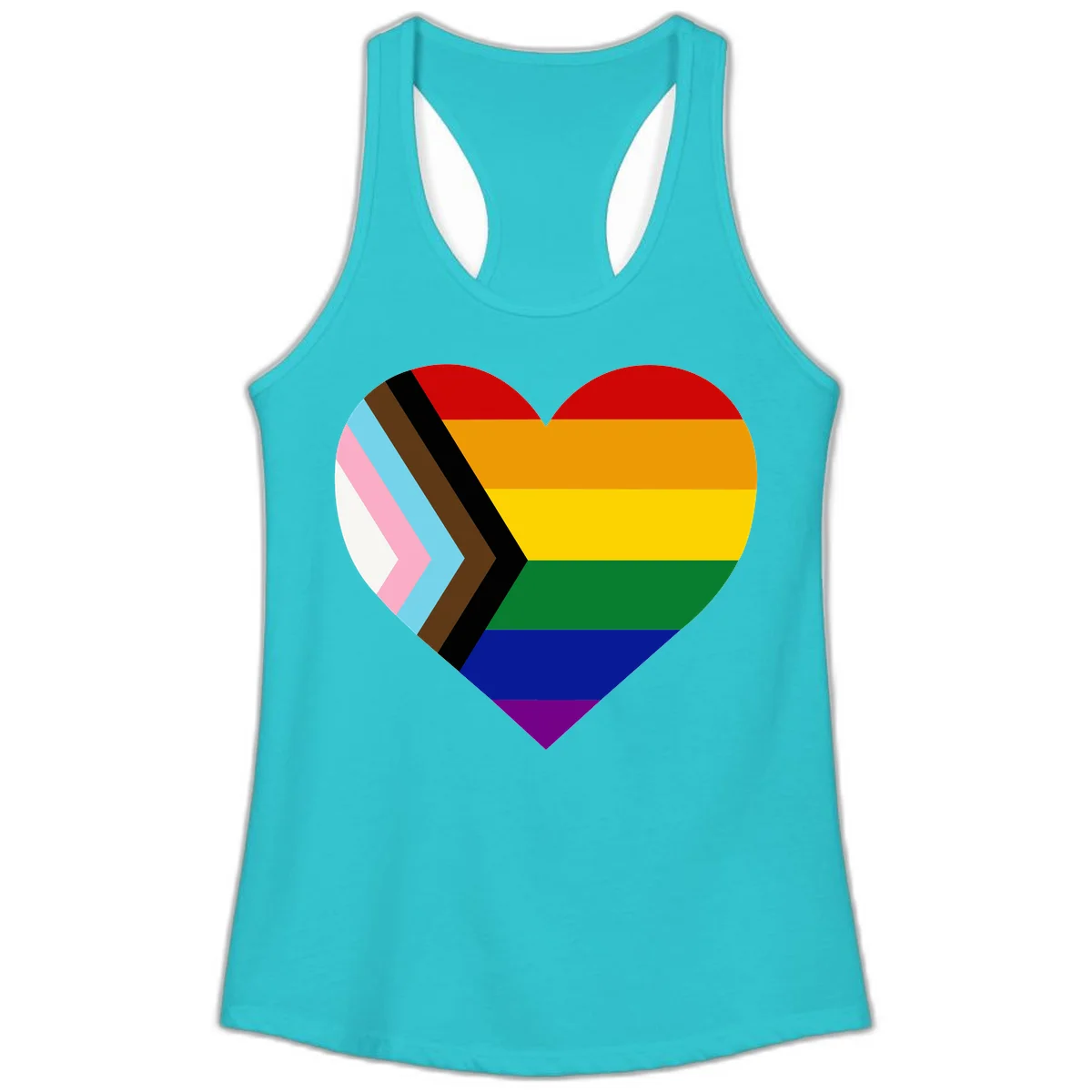 Heart-shaped design combining progress pride flag chevron on left with rainbow pride flag stripes on right side in Solid Tahiti Blue