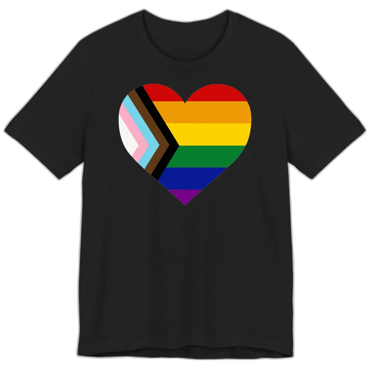Heart-shaped design combining progress pride flag chevron on left with rainbow pride flag stripes on right side in Black