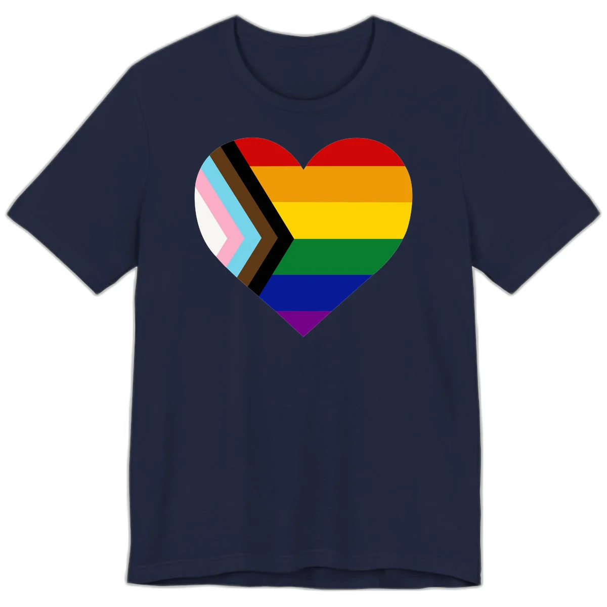 Heart-shaped design combining progress pride flag chevron on left with rainbow pride flag stripes on right side in Navy