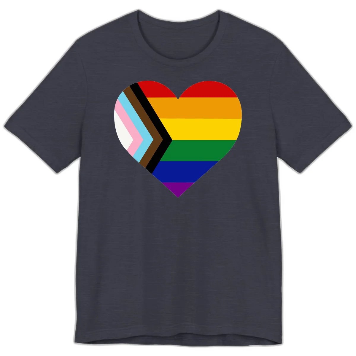 Heart-shaped design combining progress pride flag chevron on left with rainbow pride flag stripes on right side in Heather Midnight Navy