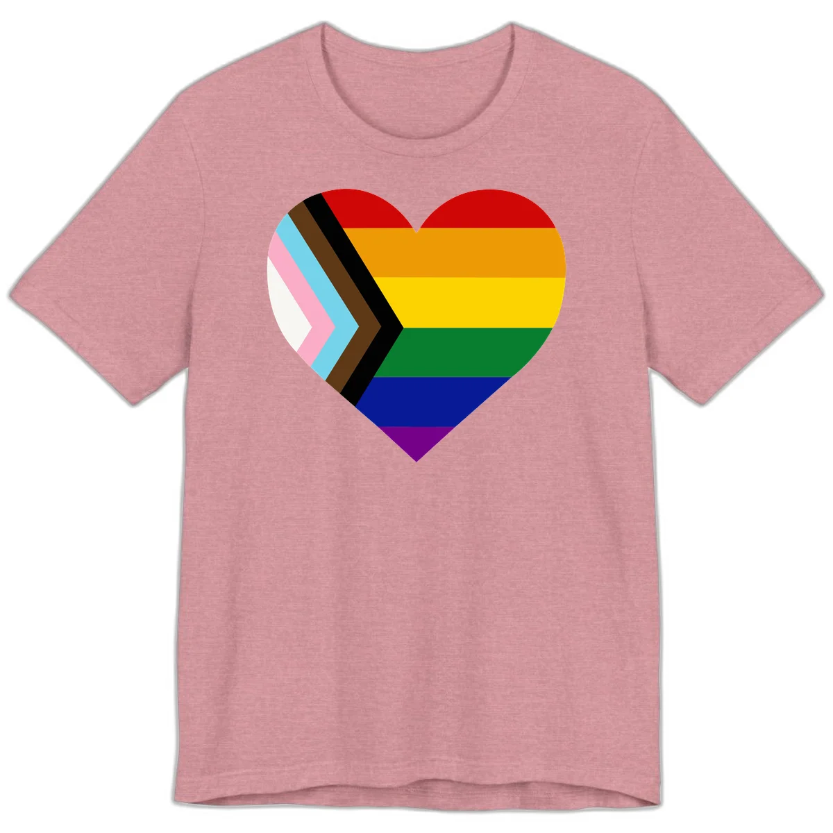 Heart-shaped design combining progress pride flag chevron on left with rainbow pride flag stripes on right side in Heather Orchid