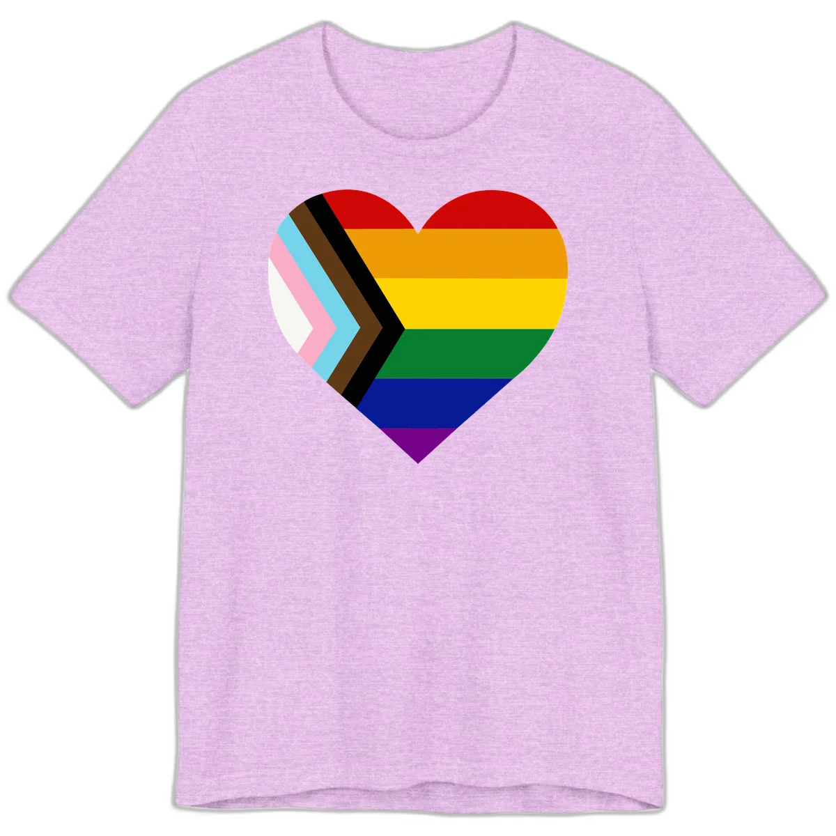 Heart-shaped design combining progress pride flag chevron on left with rainbow pride flag stripes on right side in Heather Prism Lilac