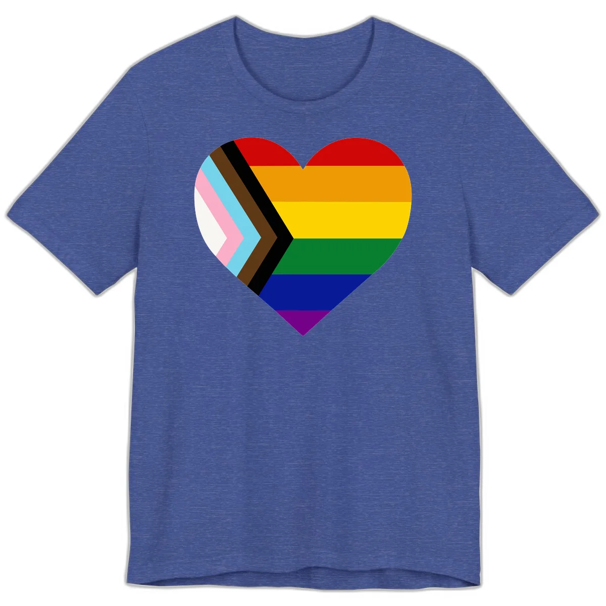 Heart-shaped design combining progress pride flag chevron on left with rainbow pride flag stripes on right side in Heather True Royal