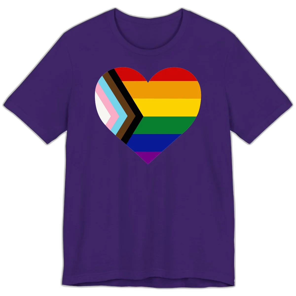 Heart-shaped design combining progress pride flag chevron on left with rainbow pride flag stripes on right side in Team Purple