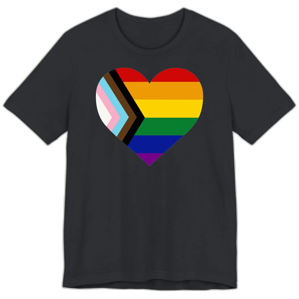 Heart-shaped design combining progress pride flag chevron on left with rainbow pride flag stripes on right side in Vintage Black