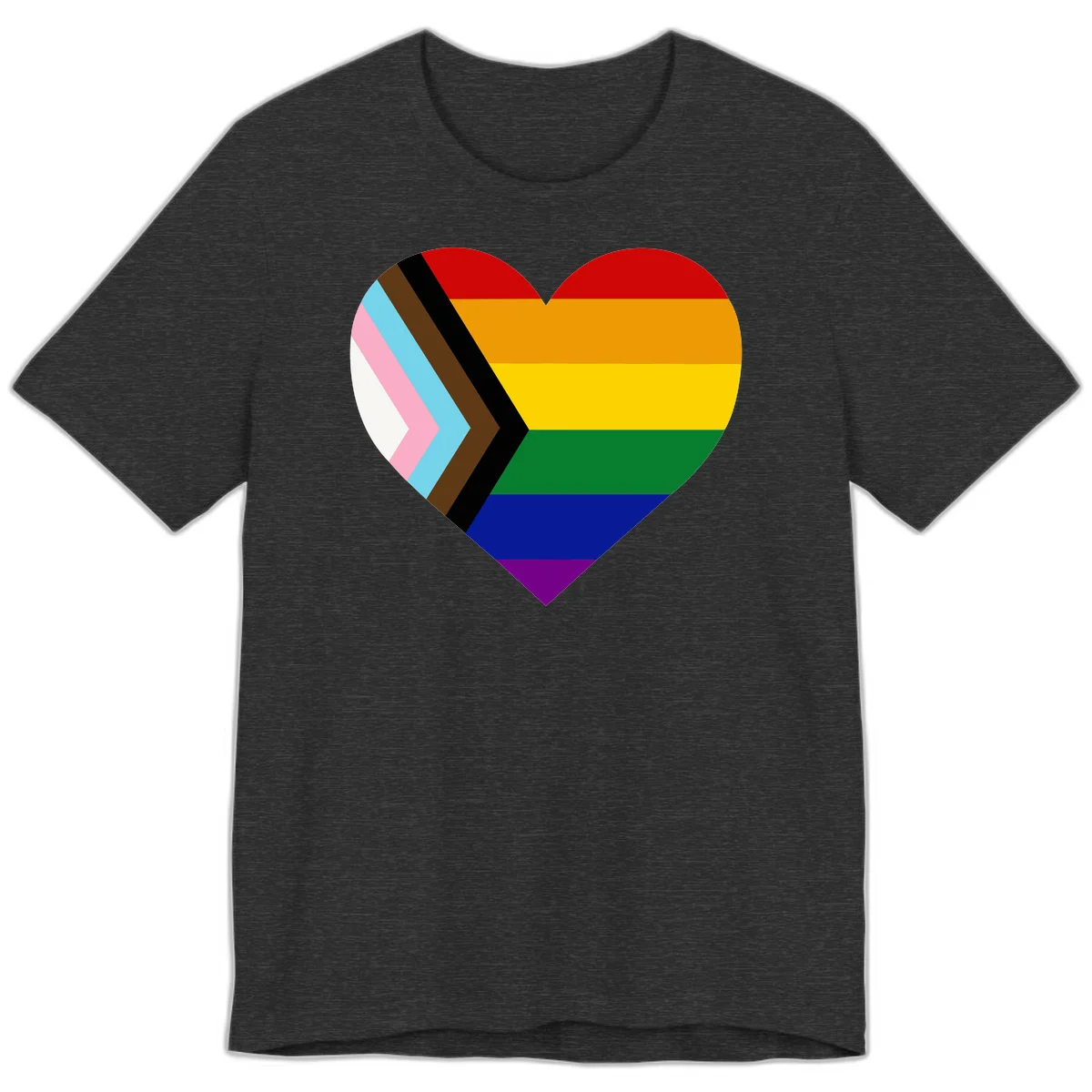 Heart-shaped design combining progress pride flag chevron on left with rainbow pride flag stripes on right side in Dark Grey Heather