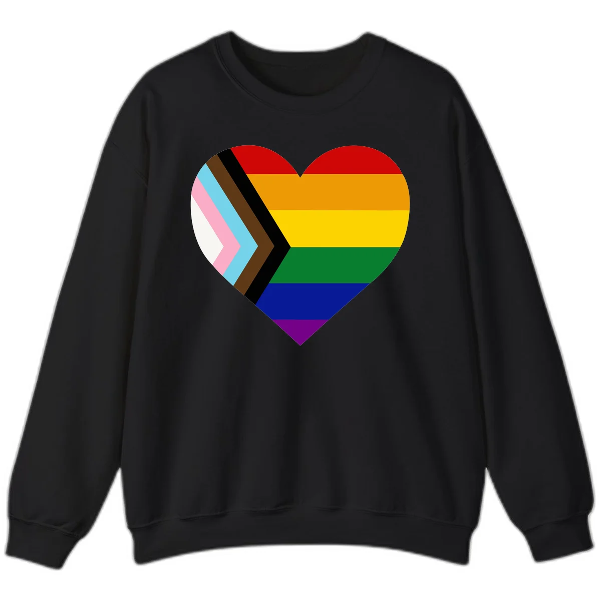 Heart-shaped design combining progress pride flag chevron on left with rainbow pride flag stripes on right side in Black