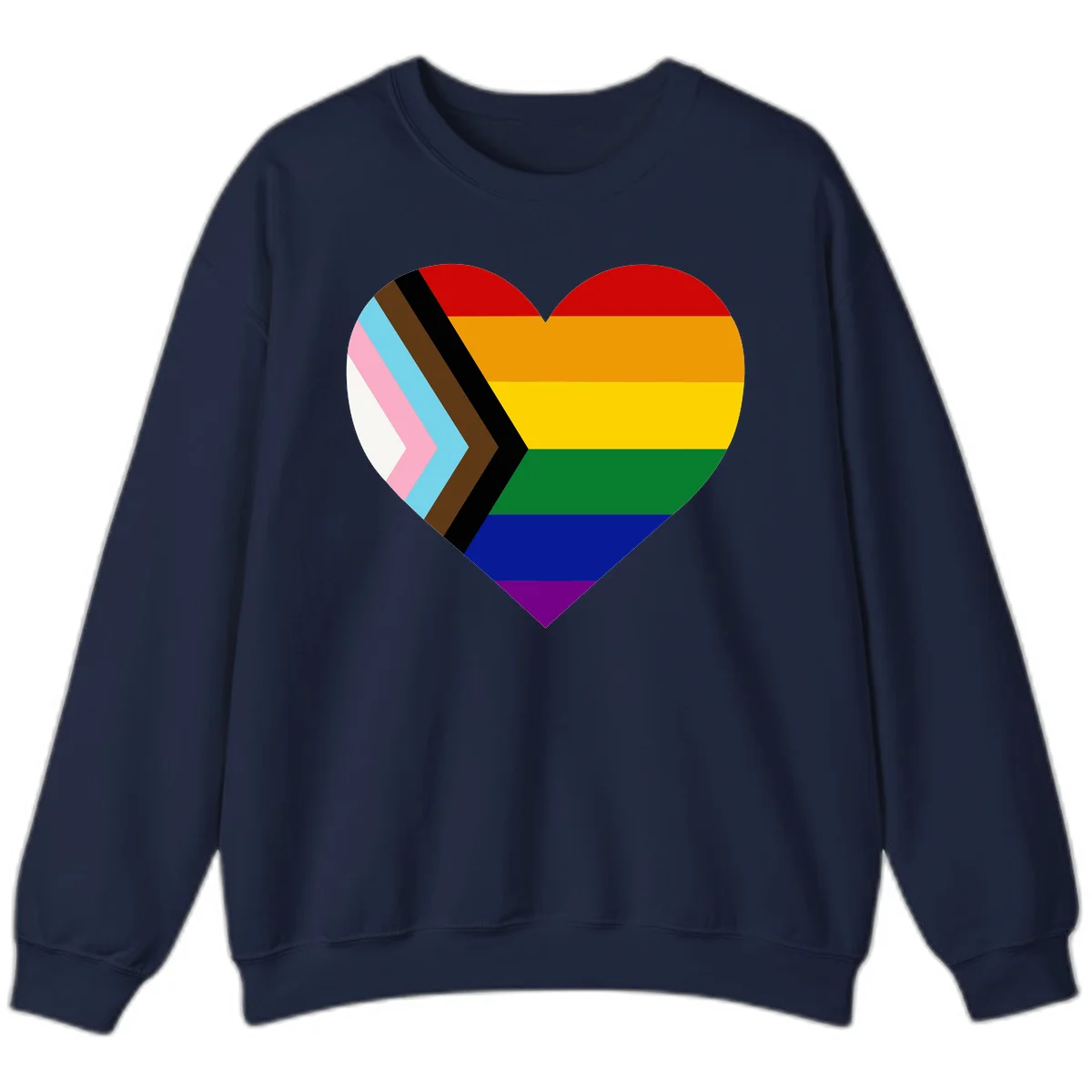 Heart-shaped design combining progress pride flag chevron on left with rainbow pride flag stripes on right side in Navy