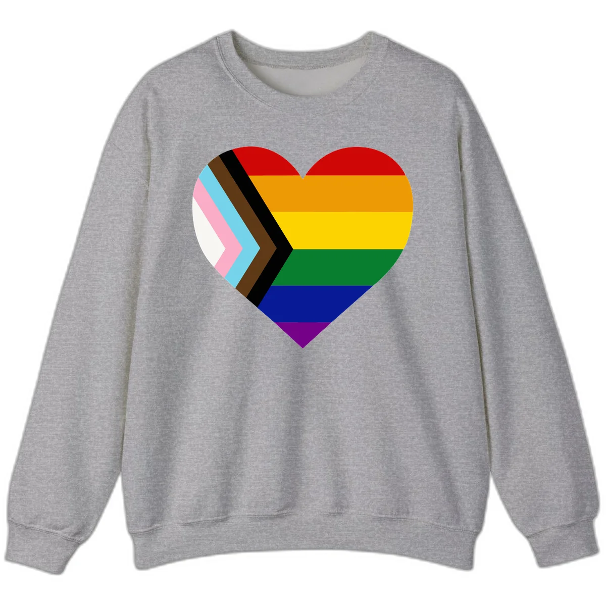 Heart-shaped design combining progress pride flag chevron on left with rainbow pride flag stripes on right side in Sport Grey
