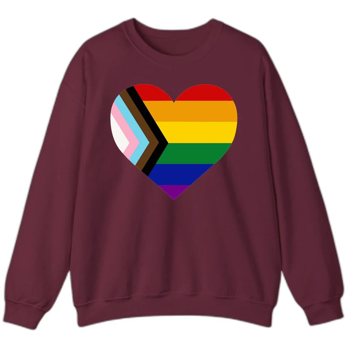 Heart-shaped design combining progress pride flag chevron on left with rainbow pride flag stripes on right side in Maroon