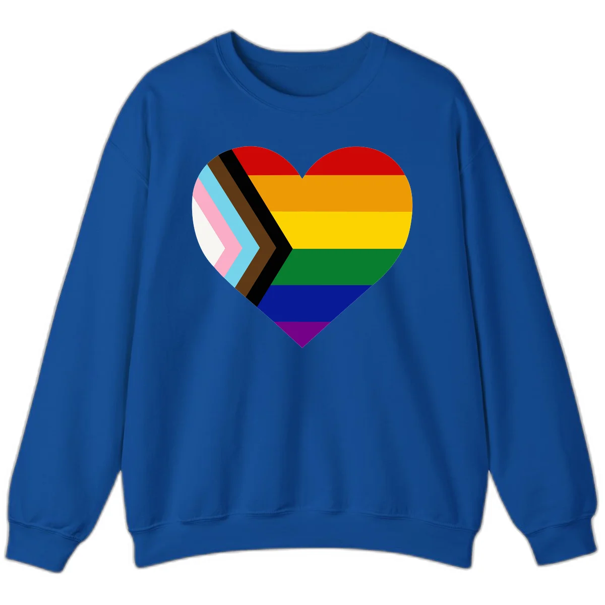 Heart-shaped design combining progress pride flag chevron on left with rainbow pride flag stripes on right side in Royal