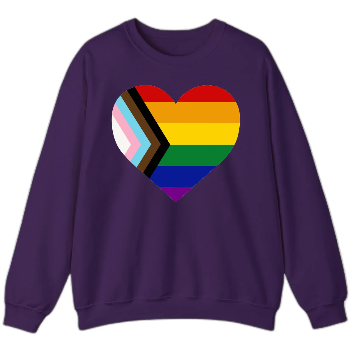 Heart-shaped design combining progress pride flag chevron on left with rainbow pride flag stripes on right side in Purple