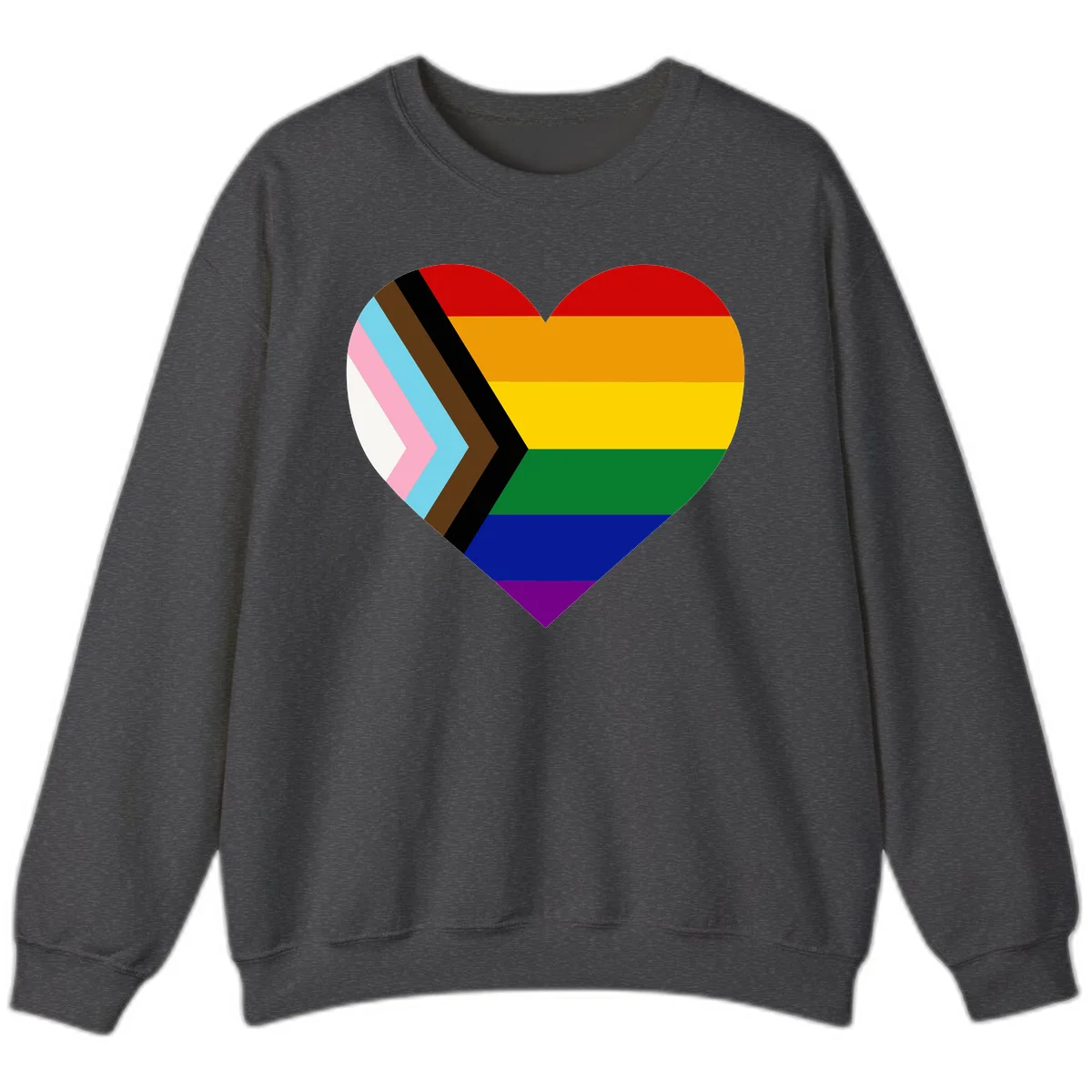 Heart-shaped design combining progress pride flag chevron on left with rainbow pride flag stripes on right side in Dark Heather