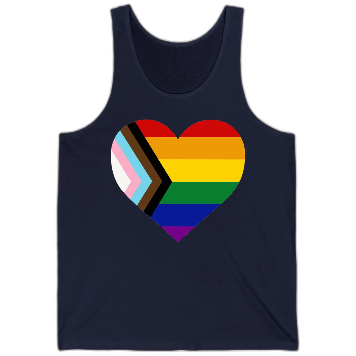 Heart-shaped design combining progress pride flag chevron on left with rainbow pride flag stripes on right side in Navy