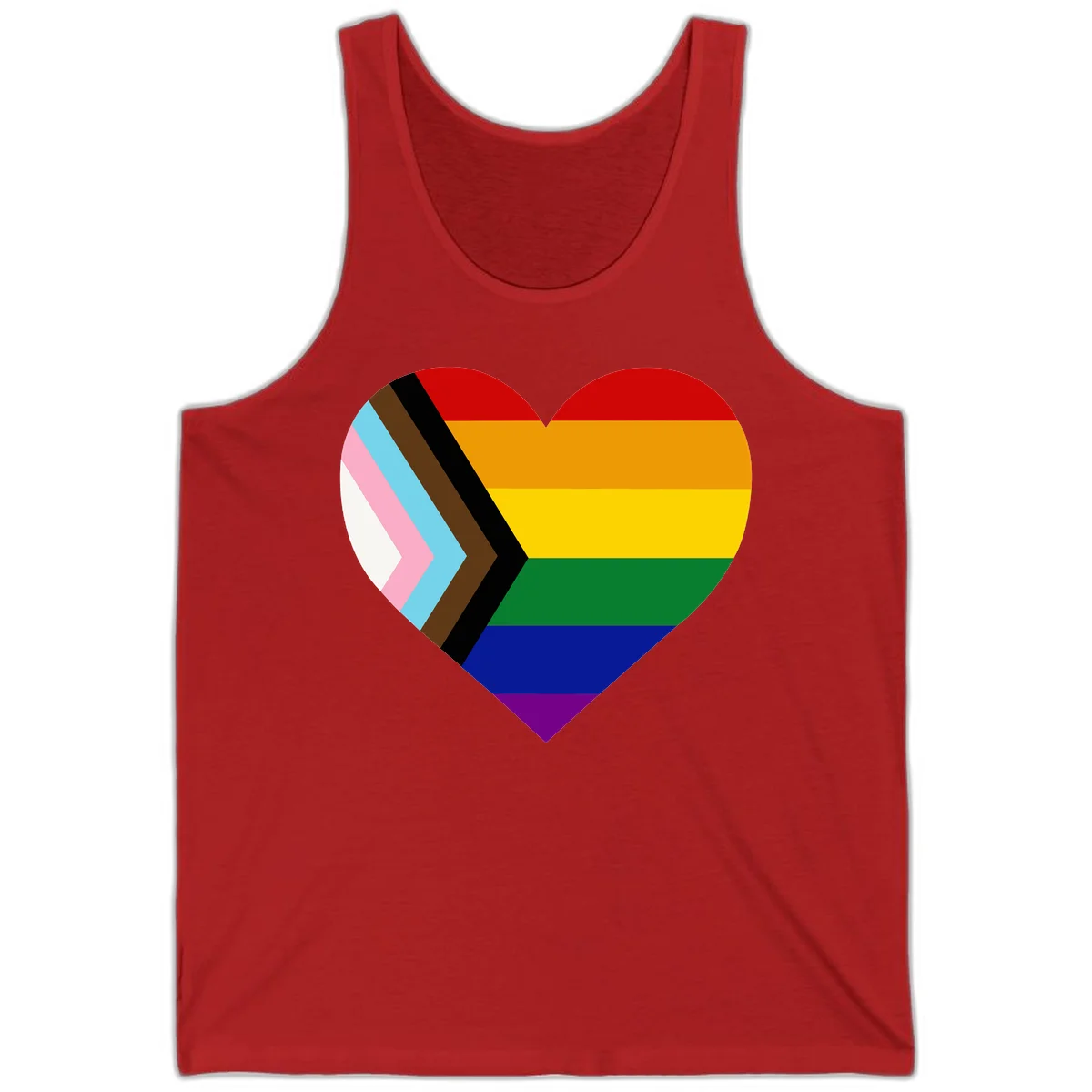 Heart-shaped design combining progress pride flag chevron on left with rainbow pride flag stripes on right side in Red